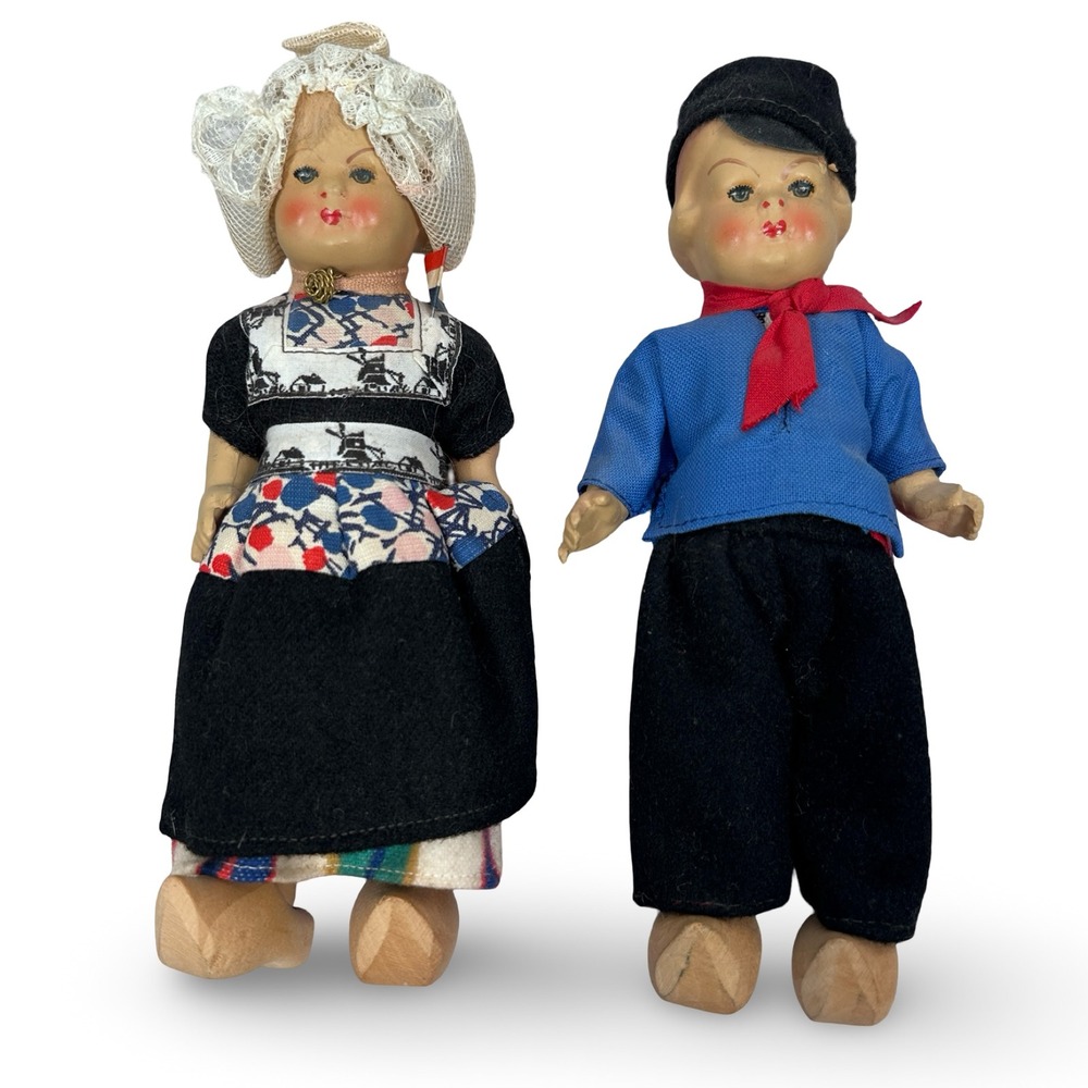 Vintage Dutch Souvenir Dolls Pair Traditional Folk Costume Wooden Clogs 7.5"